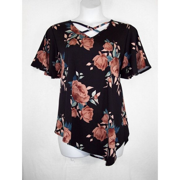 NEW Avenue 22/24 Floral Asymmetrical Short Flutter Sleeves Top - Picture 2 of 14